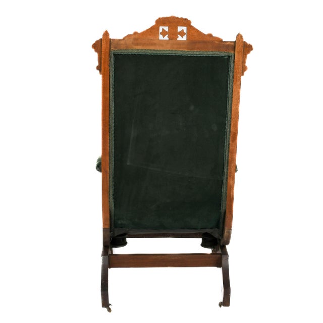 Antique Eastlake Carved Walnut Platform Rocking Chair With Green Velvet Upholstery For Sale - Image 4 of 9