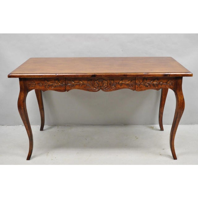 Vintage French Country Pine Wood Distress Floral Carved 1 Drawer Writing Desk For Sale - Image 14 of 14
