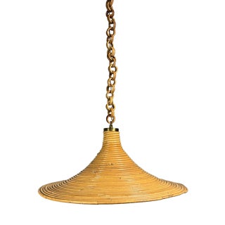Mid-Century Modern Italian Witch Hat Pencil Reed Rattan Bamboo and Brass Pendant Lamp, 1970s For Sale