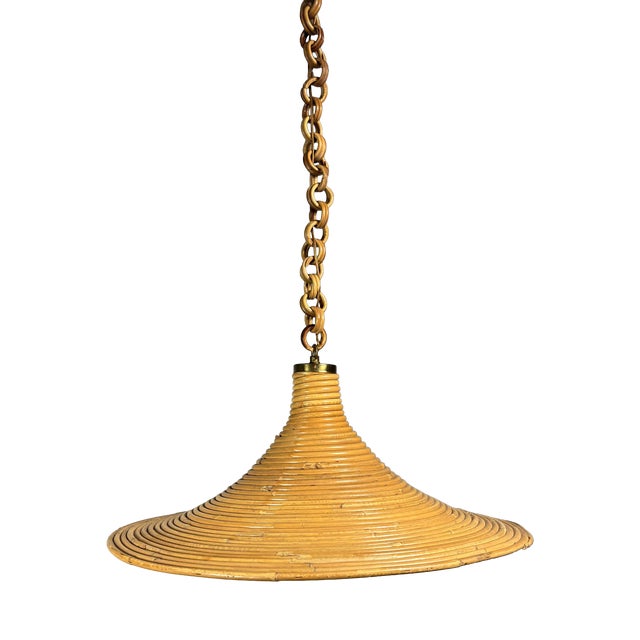 Mid-Century Modern Italian Witch Hat Pencil Reed Rattan Bamboo and Brass Pendant Lamp, 1970s For Sale