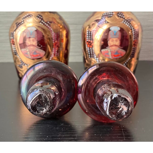 Bohemia Antique Bohemian Gold Guilt Ruby Glass Decanters, for Middle Eastern Market - a Pair For Sale - Image 4 of 12