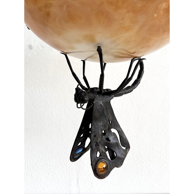 Italian Art Deco Alabaster Hanging Light with Wrough Iron Dagonfly and Chain, 1920s For Sale - Image 14 of 18