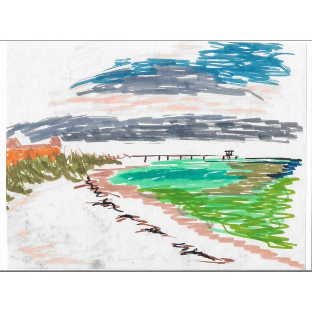 1960s watercolor of a beach and boardwalk. Probably the work of Maine artist Eleanore Yeaton Stevens (1901-1994) as it was...