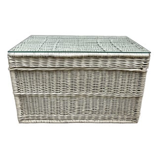 Vintage White Wicker Blanket Chest Coffee Table With Glass Top For Sale