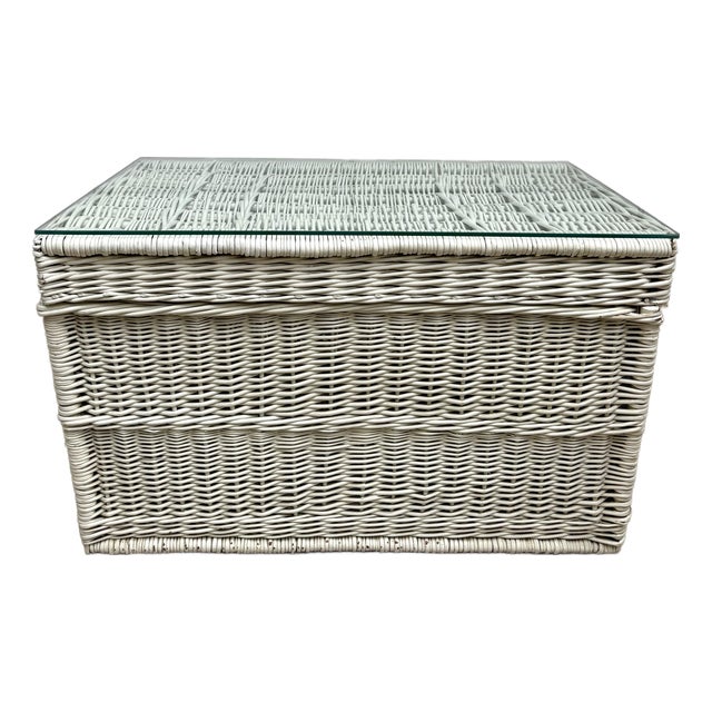 Vintage White Wicker Blanket Chest Coffee Table With Glass Top For Sale