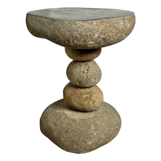 Outdoor River Rock Stacked Vintage Side Table Stool For Sale