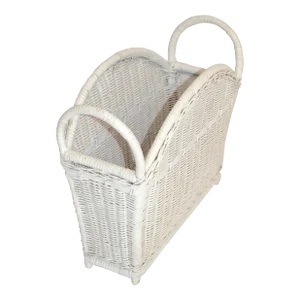 Bohemian Chic White Bleached Magazine Rack Handwoven Wicker & Rattan 1970
