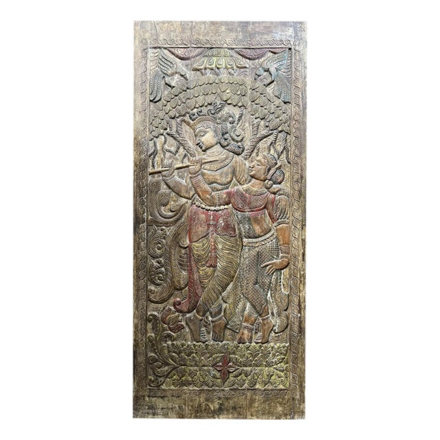 Vintage Radha Krishna Carved Wall Panel – Colorful Indian Art Barn Door Décor 96x40 For Sale