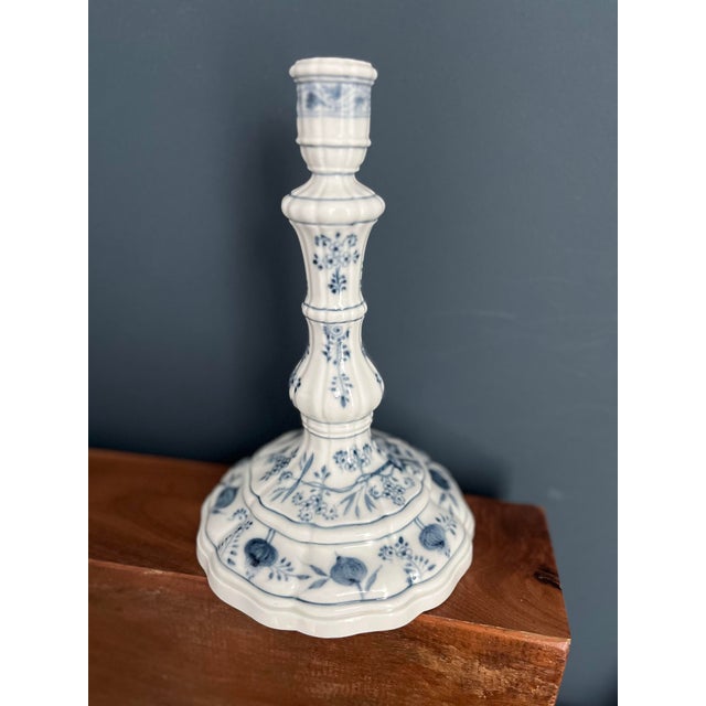 Gorgeous antique Meissen candlestick holder in the classic Blue Onion pattern and 1763 makers mark.