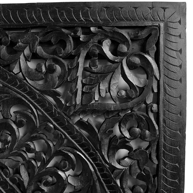 Large hand carved vintage wood square panel with rich ebony black stain finish. Beautiful intricate floral designs....