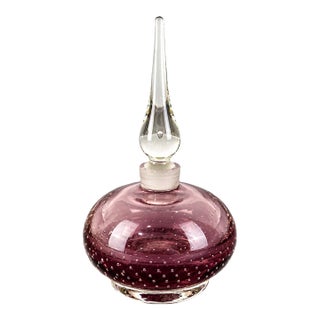 Carl Erickson Attributed Mid 20th Century Amethyst Controlled Bubble Art Glass Bottle With Spire Stopper — 8.25" For Sale