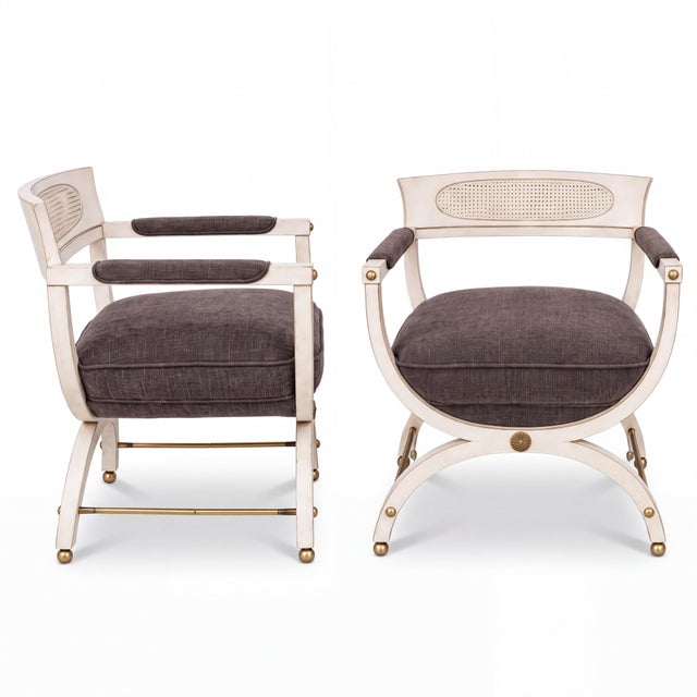 Ivory Hollywood Regency Era Neo-Classical Klismos Style Chairs Velvet Upholstery -Pair For Sale - Image 8 of 10