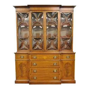 Early 20th Century Georgian Style Mahogany Satinwood Inlay Breakfront Bookcase Bubble Glass Cabinet