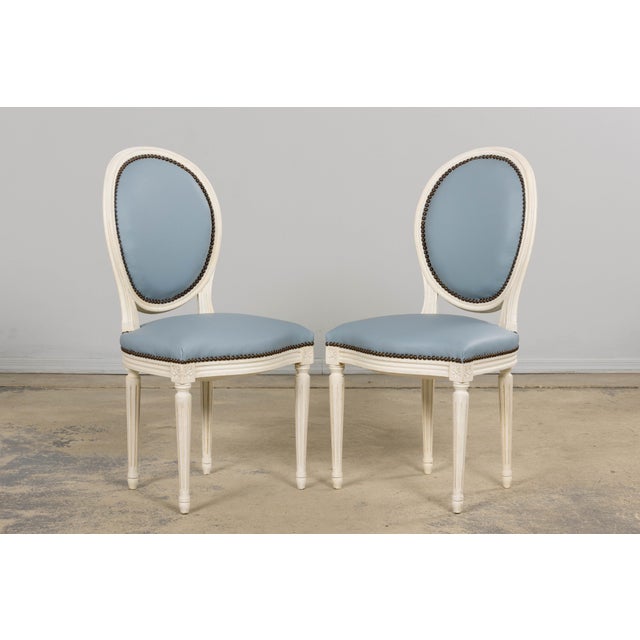 Antique French Louis XVI Style Painted Dining Chairs in Sky Blue Leather - Set of 6 For Sale - Image 9 of 18