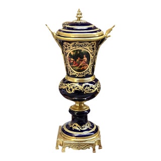 Ornate Cobalt Blue Porcelain Vase – French-Inspired Design With Gold Leaf & Scenic Medallion For Sale