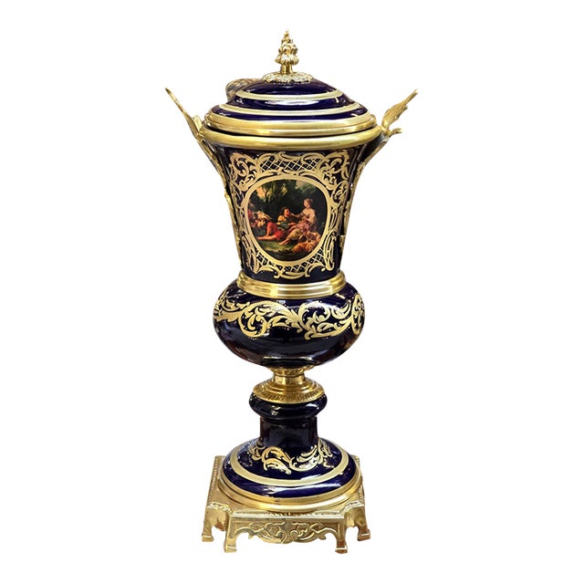 Ornate Cobalt Blue Porcelain Vase – French-Inspired Design With Gold Leaf & Scenic Medallion For Sale