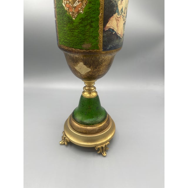 Late 20th Century Vintage Neoclassical Green and Gold Figural Pedestal Urn With Ornate Handles For Sale - Image 5 of 6