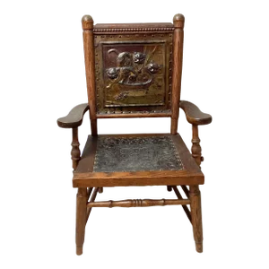 Late 19th Century Victorian Aesthetic Movement Childs Chair With Pressed Leather Cats on Seat Back
