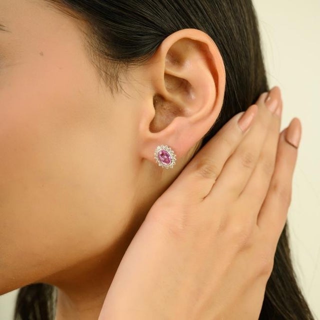 1.62ct Natural Pink Sapphire & Diamond Halo Stud Earrings in 14k Gold- A Pair For Sale In New York - Image 6 of 12