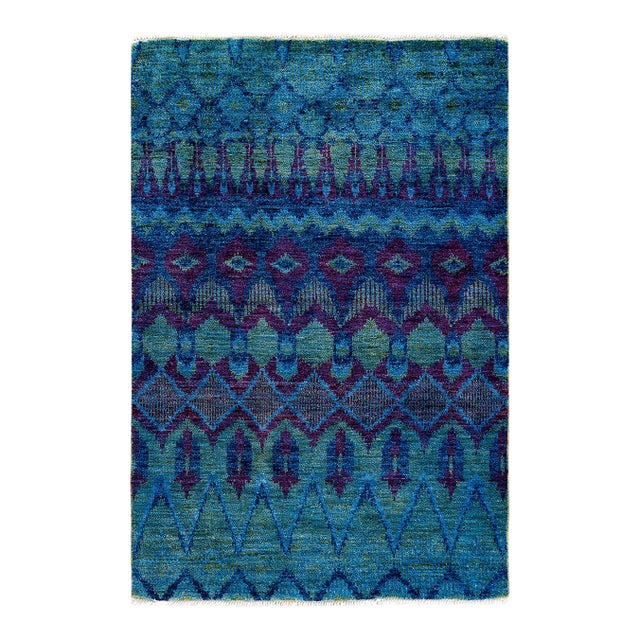Modern Hand-Knotted Area Rug - Blue, 4' 0" x 6' 1" For Sale