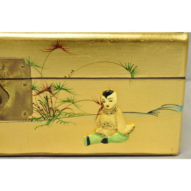 Vintage Chinese Oriental Gold Leaf Dome Lid Jewelry Box W/ Soapstone Figures For Sale - Image 4 of 18