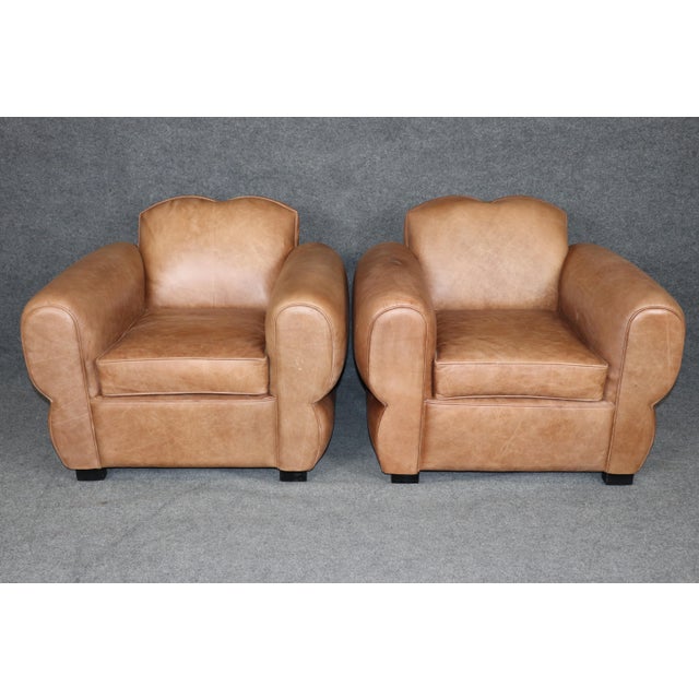 Animal Skin Pair Restored French Art Deco Style Leather Distressed Moustache Club Chairs For Sale - Image 7 of 14