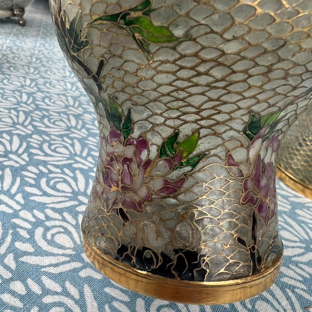 Pair of antique Plique-a-jour cloisonne vases with colorful transparent enamel // Chinoiserie // enamelware // enameled // Asian art For Sale - Image 9 of 10