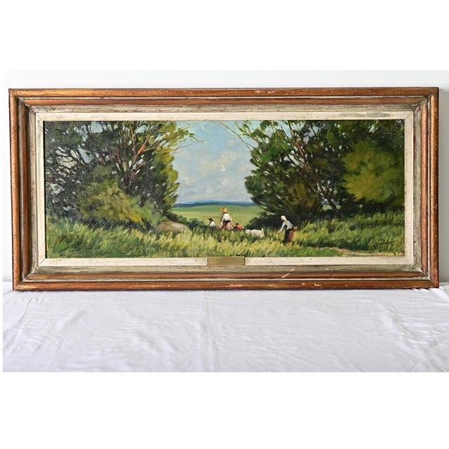 A charming vintage French landscape painting, elongated to a wide panorama, to appreciate the unspoiled beauty of the Ain...