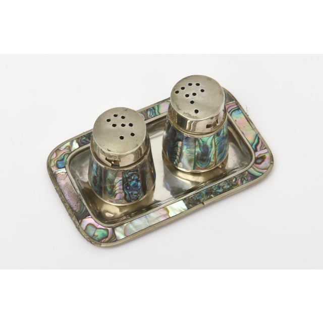 Mid-Century Modern Vintage Small Alpaca Silver and Abalone Salt and Pepper Shakers With Tray For Sale - Image 3 of 9