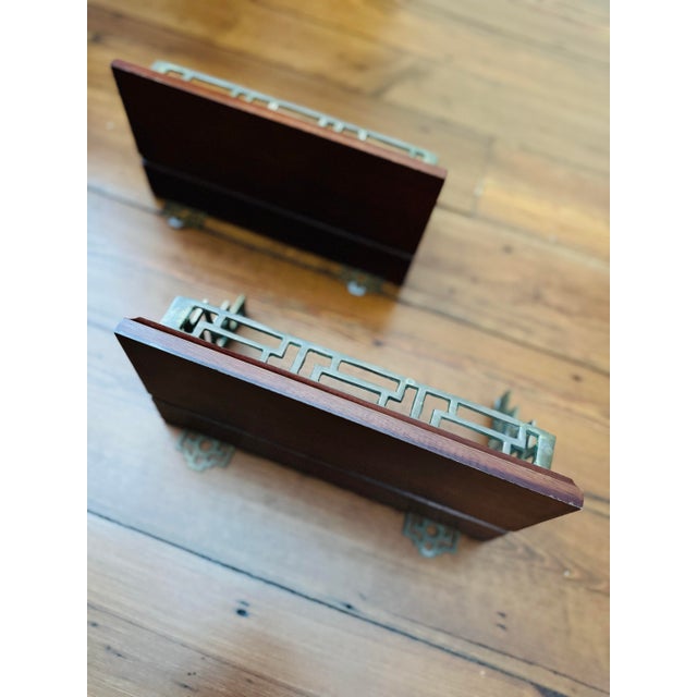Vintage Pair of Chinoiserie Greek Key Brass and Wood Wall Shelves or Brackets For Sale - Image 6 of 7