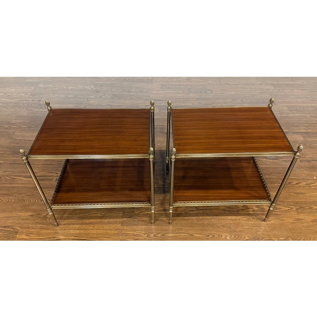 Pair of Two Tiered Brass and Wood End Tables by Leighton Hall - Showroom Samples For Sale - Image 12 of 17