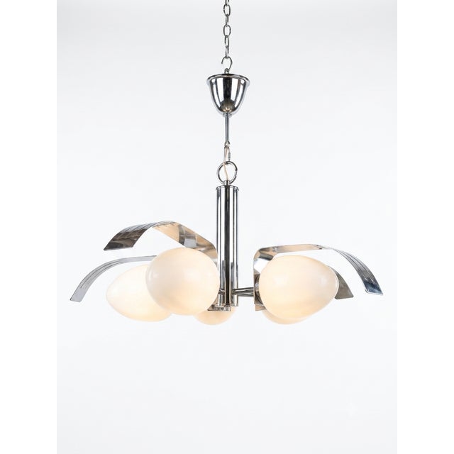 Mid-Century Modern Mid-Century Modern Chrome and Opaline Glass 5-Light Chandelier, 1970s For Sale - Image 3 of 3