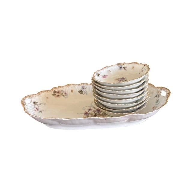Victorian Antique Botanical Limoges Porcelain Berry Dessert Set Platter 8 Bowls Floral Gilt For Sale - Image 3 of 15