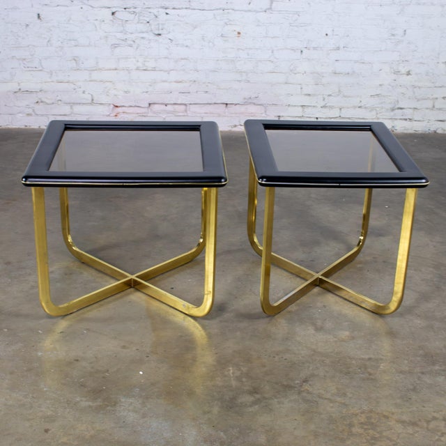 Late 20th Century Modern End or Side Tables 1 Rectangle & 1 Square W/Glass Inset Tops & Brass Plate Bases For Sale - Image 9 of 18