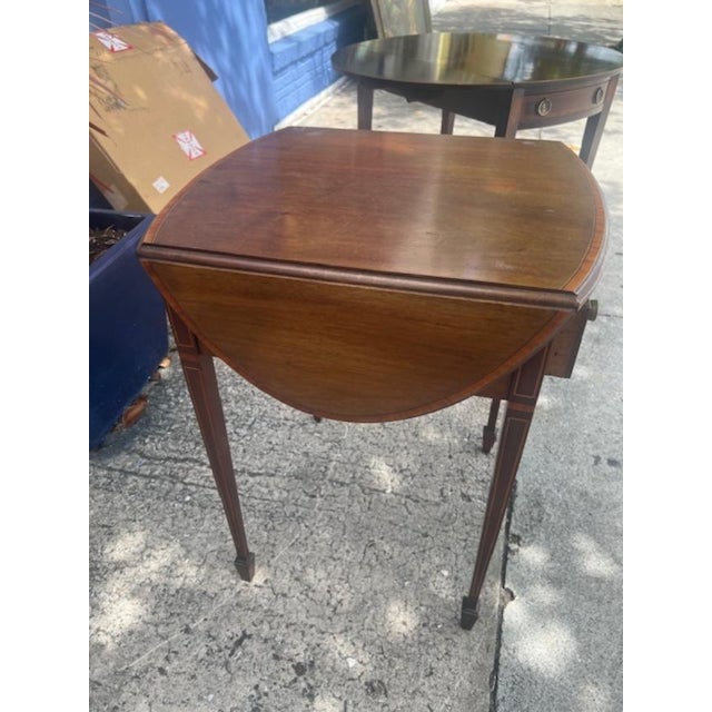 Wood Antique English Mahogany Edwardian Small Drop Leaf Table Satinwood Inlay For Sale - Image 7 of 7