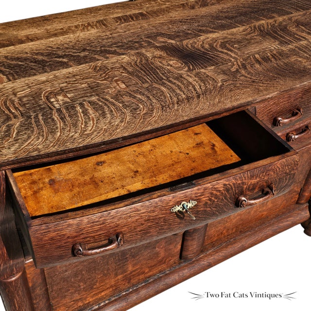 Antique Buffet | American Empire Server | Tiger Oak Sideboard With Carved Lion Paw Feet | Ogee Scroll Drawer | C1890-1915 | 54" Wide For Sale - Image 11 of 18