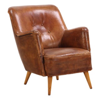 Mid Century Modern French Leather Club Chair, C. 1950. For Sale