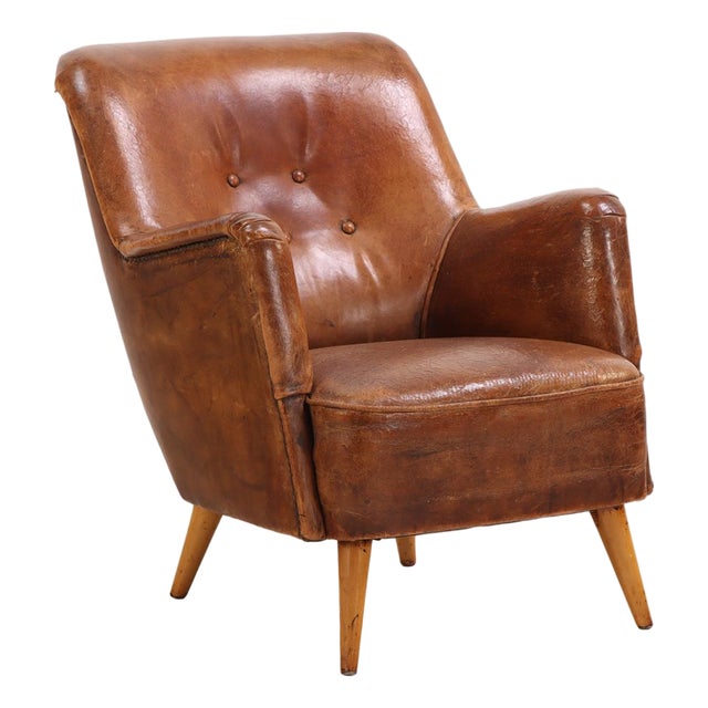 Mid Century Modern French Leather Club Chair, C. 1950. For Sale