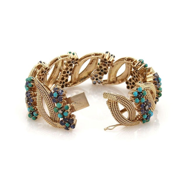 Contemporary Diamond Sapphire & Turquoise 14k Rose Gold Bracelet For Sale - Image 3 of 5