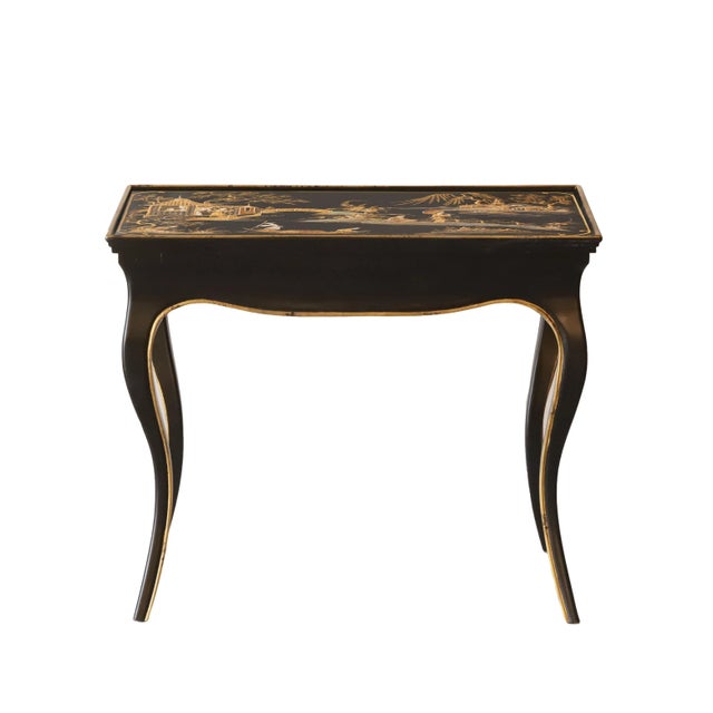 Wood Pair Elegant Chinese Chippendale Style Black Lacquer and Gold Plated Trim Side Table, Sofa Side Table. For Sale - Image 7 of 10