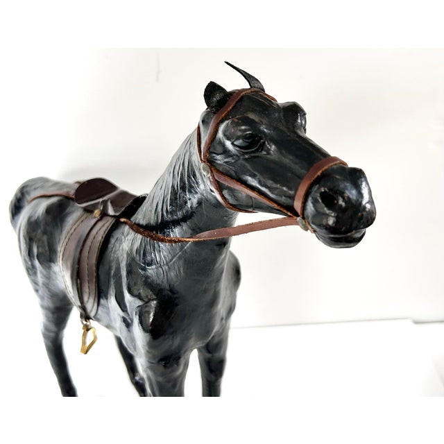 Vintage Black Equestrian Horse Sculpture With Leather Saddle & Bridle For Sale In Louisville - Image 6 of 12