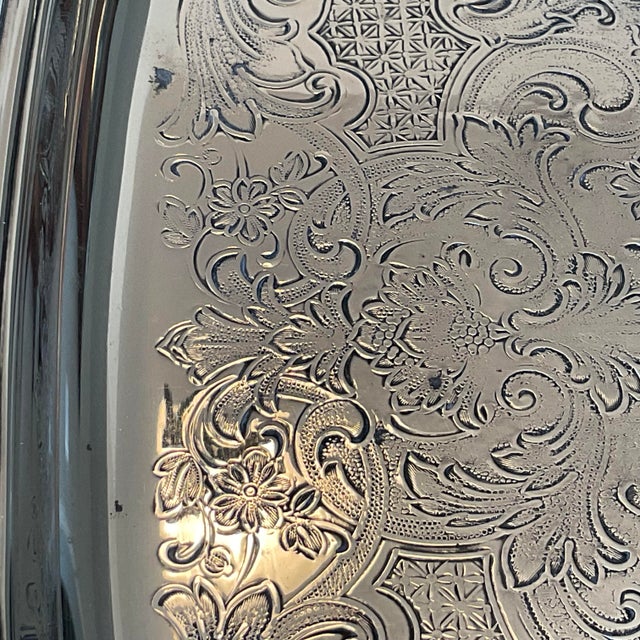 Vintage Silver Plate Large Butler's Buffet Tray With Handles and Feet For Sale - Image 17 of 18