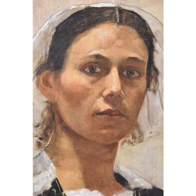 Portrait of Young Breton Girl, Oil Painting on Canvas, 19th Century, Framed For Sale - Image 3 of 6