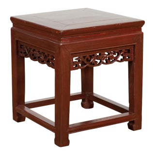 Early 20th Century Chinese Late Qing Dynasty Period Red Lacquer Carved Side Table or Stool For Sale