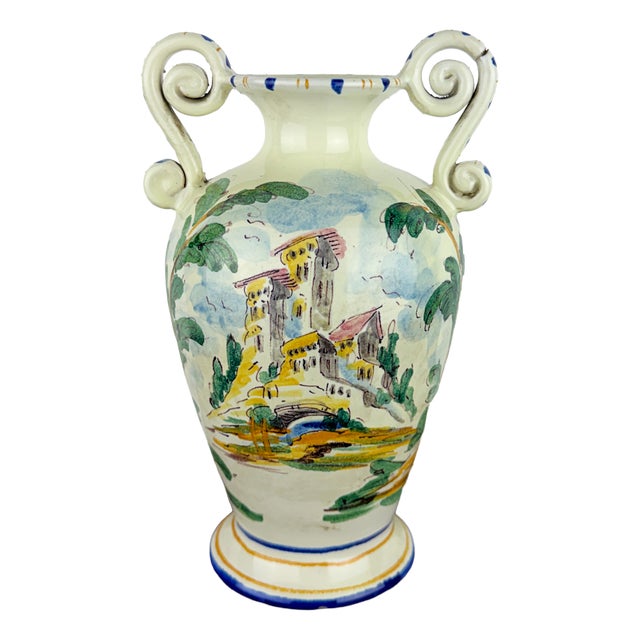 Antique Italian Majolica Vase with Hand Painted Ceramic Amphora by Fenice, Albisola, 1920s For Sale