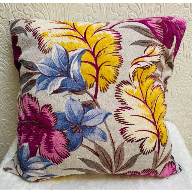 Textile 1990s Tropical Mid-Century Style Barkcloth Pillow with Down Insert For Sale - Image 7 of 7