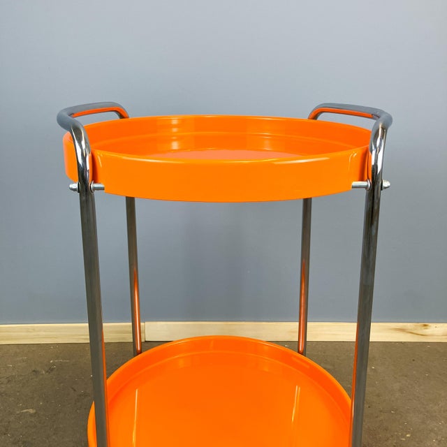 Space Age Chrome Serving Trolley with Orange Plastic Trays, 1970s For Sale - Image 9 of 13