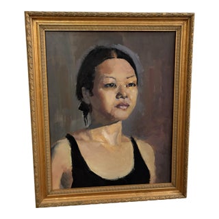 Mid‑Century Oil Portrait of Asian Woman in Beautiful Gold Frame For Sale