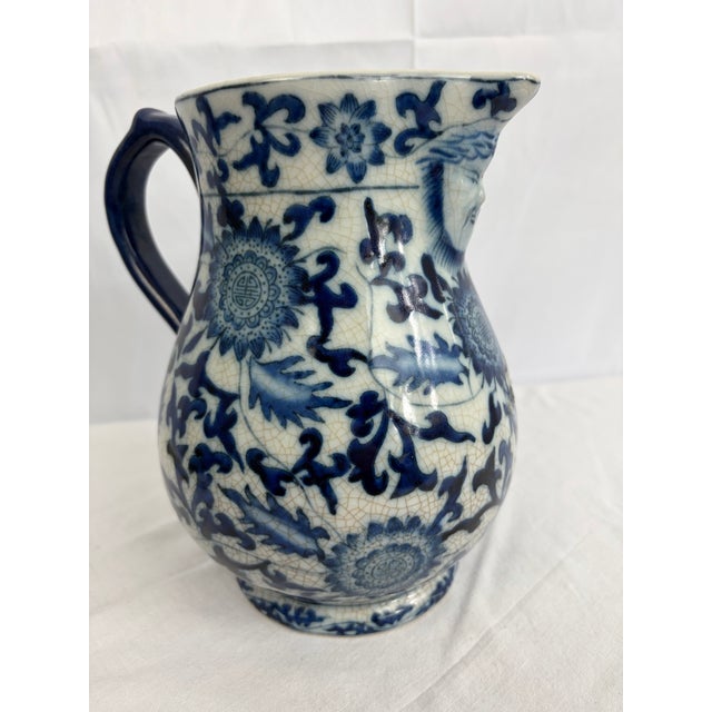 Ceramic 1950s Chinese Blue & White Crackle Glaze Porcelain Pitcher With Figural Face Motif For Sale - Image 7 of 10