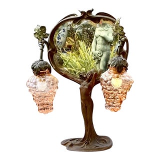 1920s A Period French Art Nouveau Lighted Figural Beveled Vanity Mirror For Sale